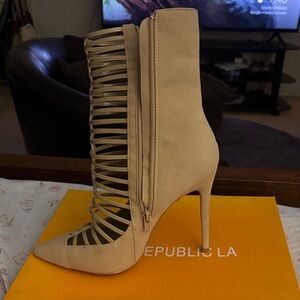 Shoe Republic LA Beige Strappy Heeled Boots
